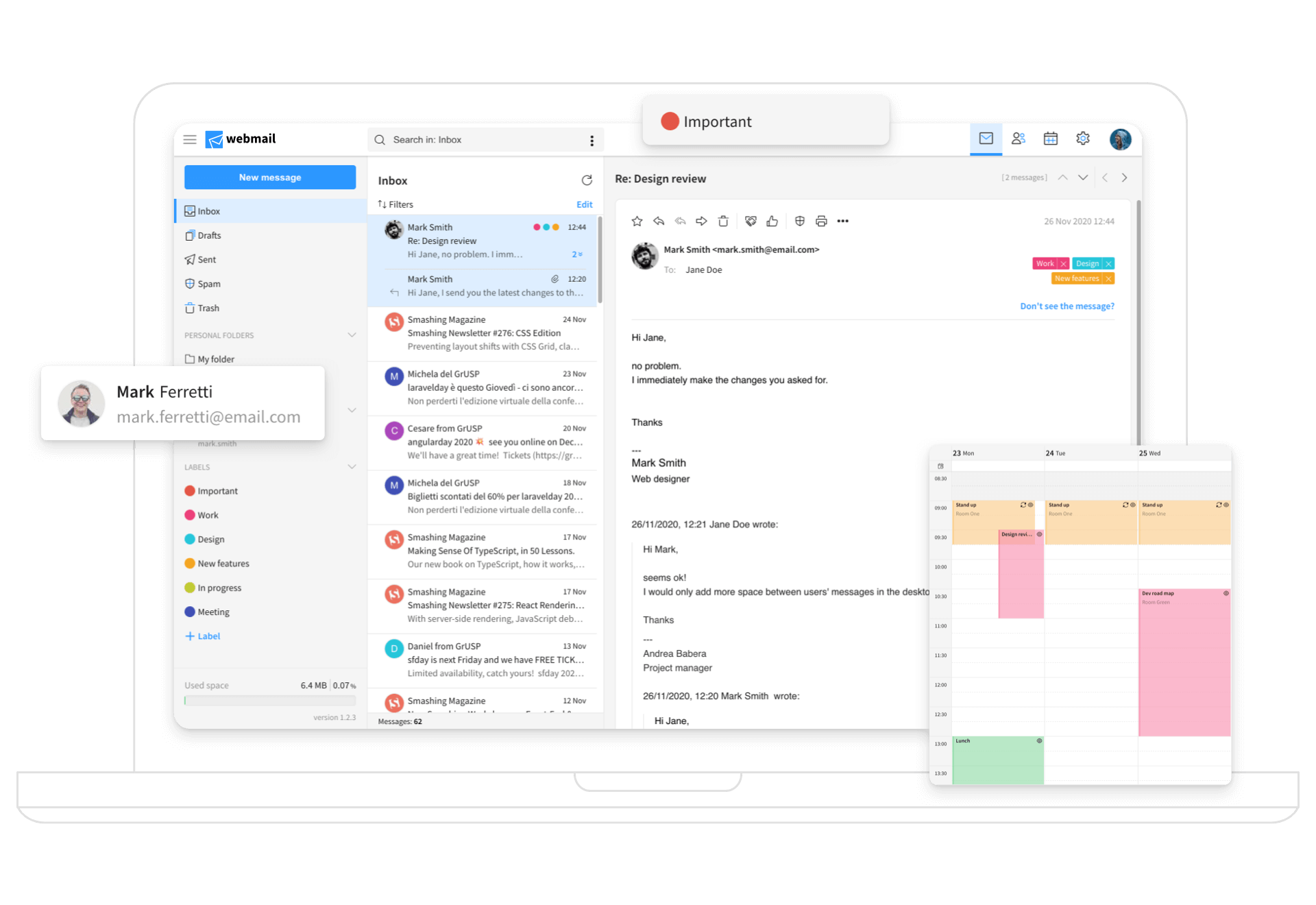 Screenshot showing Qboxmail's desktop dashboard. There is a menu on the left, a summary of received emails in the central column, and a preview of one selected email on a bigger column on the right. There is also a pop-up calendar in the bottom right side of the image.