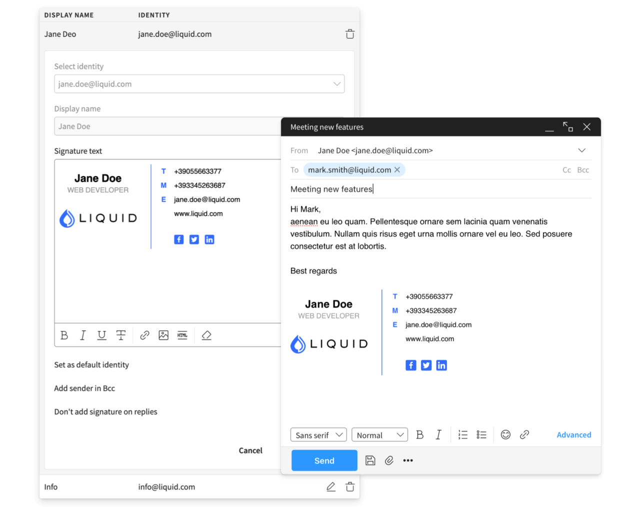 Management of Email signature and identity of a single user